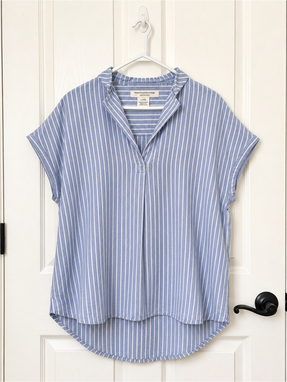 beachlunchlounge Blue White Striped Popover Top Dolman Sleeve Coastal Sz L